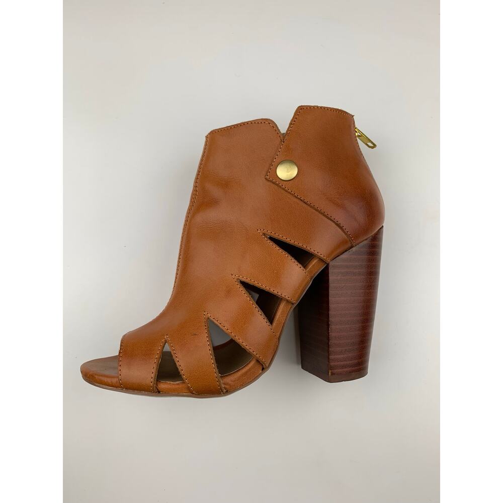 Kelsi Dagger Brooklyn KDB Peep Toe Ankle Boots Tan Leather Heels Women's 6.5 - Picture 8 of 13